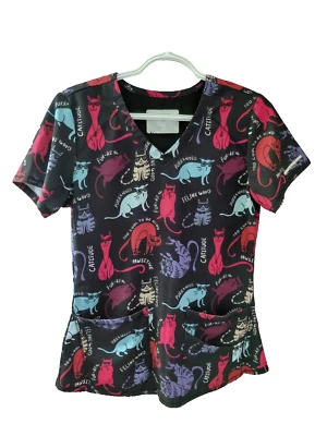 Skechers By Barco Scrub Top Womens V Neck Size XS Cats Short Sleeve - Image 1 of 4