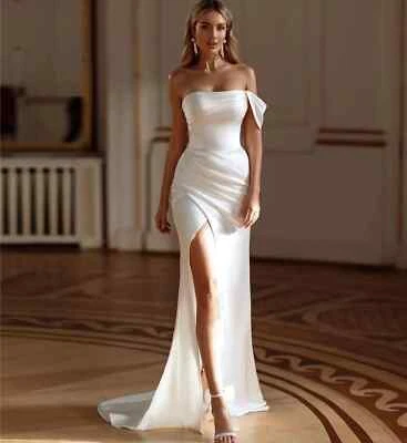 Simple Mermaid Wedding Dresses One Shoulder Side Split Strapless Backless Bridal - Image 1 of 4