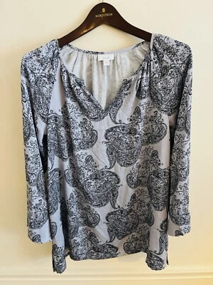 J. Jill Women's Satin Top V-Neck Floral Paisley 3/4 Sleeve Gray Black Small - Image 1 of 4