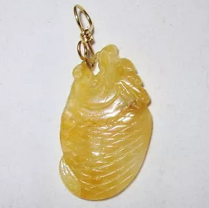 2,3" chinesischer 14K Gold Anhänger mit geschnitztem gelben Jadeit-Jadefisch der Klasse A mit Echtheitszertifikat - Bild 1 von 13