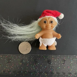 Vintage Russ Troll Baby Christmas Santa Doll 3" Blue Hair Diaper Santa Hat - Picture 1 of 3