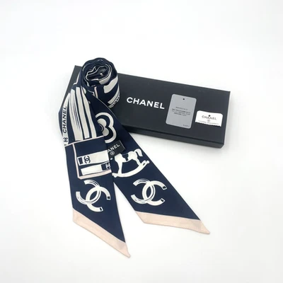 Auth Chanel Twilly coco mark logo pattern black white Silk Scarf W/Box BA120069 - image 1 of 4