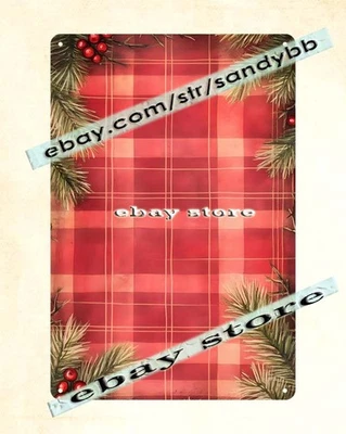 Red Plaid Poinsettia Tin Sign Rustic Christmas Border Design - Image 1 of 4