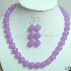 Fashion Women's 8mm Natural Purple Jade Gems Round Beads Necklace Earring Set - Picture 1 of 12