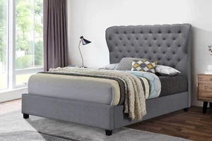 Light Gray Full Platform Bed Frame with Curved Wing Back & Tufted Headboard - Picture 1 of 3