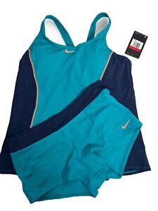 Nike Women's Color Surge Powerback Tankini 2-Piece Swimsuit Set Teal Navy Large