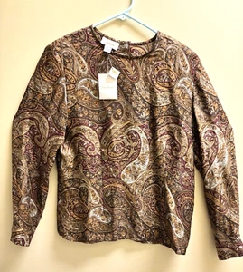 Vintage Talbots Size 10 Paisley 100% Silk Pullover Blouse Browns Long Sleeve NWT - Picture 1 of 12