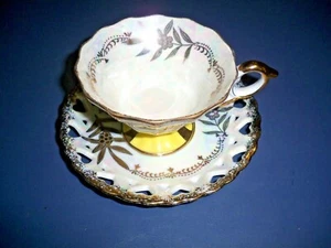 Royal Halsey England Cup And Saucer Iridescent, Pierced Hearts, Yellow, Gold  - Picture 1 of 7