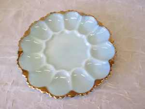 Anchor Hocking Fire King Glas Rund Eierteller Platte TÜRKIS BLAU Goldrand - Bild 1 von 6