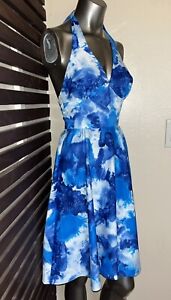 1970s 70s Vintage Blue & White Hawaiian Kimos Polynesian Shop Halter Dress - 6
