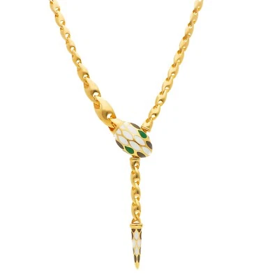 18K YELLOW GOLD LARIAT NECKLACE, WHITE BLACK AND GREEN ENAMEL SNAKE, OVAL CHAIN - Image 1 of 4