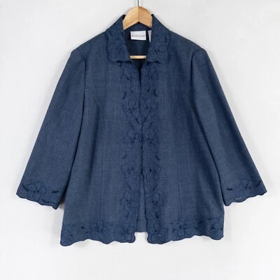 Куртка женская Alfred Dunner Blazer размер 12 синяя открытая спереди вышитая цветочная отделка - Изображение 1 из 4