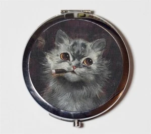 Cat Smoking Cigar Compact Mirror Make Up Pocket Travel Whimsical Animal Art - Picture 1 of 2