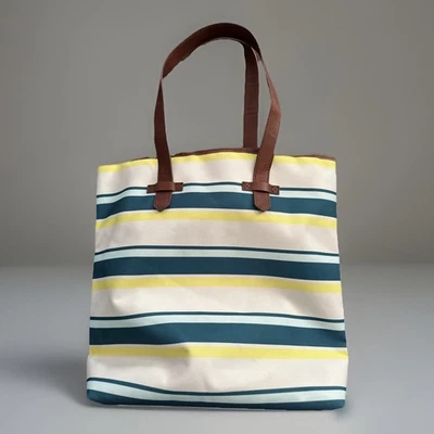 LL Bean Signature White Yellow Blue Striped Canvas Tote Bag W/Leather Handles - Image 1 of 4