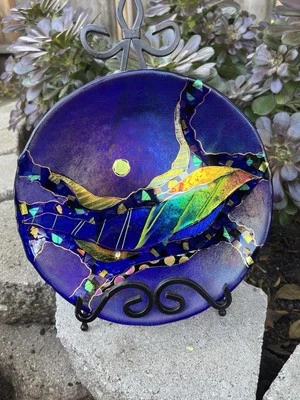 Placa de vidrio fundido Karen Ehart arte lunar dicroico iridizado dorado bolígrafo detalle Foto 1 de 4