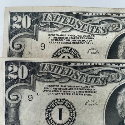 1928 $20 Dollar Bill & 1934 20 Dollar Federal Reserve Notes “Redeemable In Gold” - Image 1 of 4