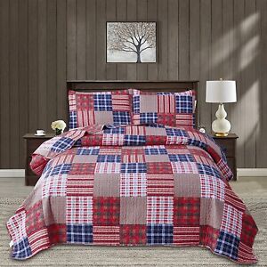 Red Navy Blue White Plaid Patchwork 3 pc Quilt Set Twin Full Queen King Coverlet