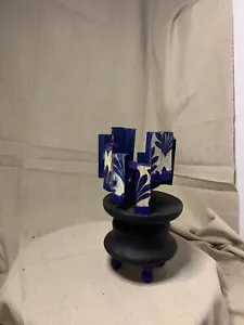 Unique candle holder Black white and blue flower pattern wood - Picture 1 of 3