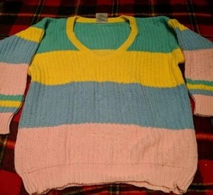 Vtg 80s Pastel Geometric Colorblock Acrylic Chunky Knit Sweater One Step Up Sz L - Picture 1 of 5