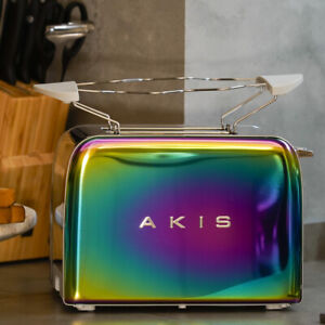 AKIS Retro Edelstahl Toaster mit Brötchenaufsatz, 2 Scheiben, regenbogen bunt