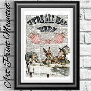 MOUNTED Original ART Print on DICTIONARY ANTIQUE BOOK PAGE Alice in Wonderland - Picture 1 of 3