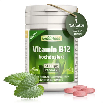 Greenfood Vitamin B12, 5000 µg, hochdosiert, Tabletten. Vegan.