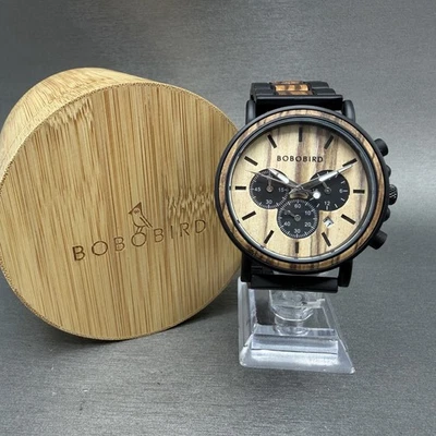 Reloj Cronógrafo Bobo Bird Madera Hombre 44mm Esfera Marrón Tono Negro Fecha Nuevo BattABC Foto 1 de 4