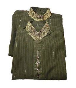 2 Green Embroidered Men's Kurta with Decorative Collar Size M & L - Picture 1 of 3