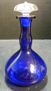 Vintage Hand Blown Cobalt Blue Glass Decanter Clear Ribbed Stopper 9.25" Excell - Picture 1 of 8