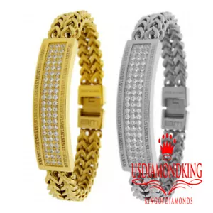 Mens Solid Stainless Steel Simulate Diamond 14K Gold Finish ID Bracelet 8.5 " - Picture 1 of 8
