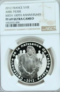 2012 FRANCE SILVER 10 EURO ABBE PIERRE ANNIVERSARY NGC PF 69 ULTRA CAMEO TOP POP - Picture 1 of 3