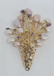 14K Yellow Gold Amethyst, White, Rosé Pearl & Diamond Bouquet Brooch MSRP $4,500 - Picture 1 of 9
