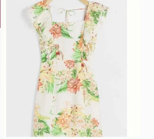 Farm Rio Denyse Leinen Blumenmuster Rüsche Boho Bauer Hipster Hippie Kunst Perlenkleid - Bild 1 von 3