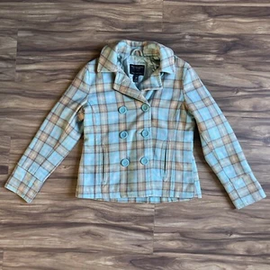 American Eagle Womens Peacoat Large Green Plaid Quilt Lined Wool Coat Jacket - Picture 1 of 16