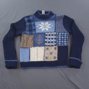 High Sierra Sweater Mens Large Blue Patchwork Knit Winter Fisherman Wool Blend - Picture 1 of 11