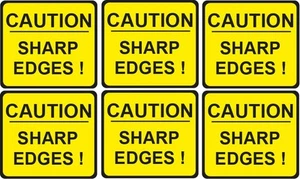 CAUTION SHARP EDGES health and safety vinyl sticker 57x51mm SET OF 6 - Picture 1 of 1
