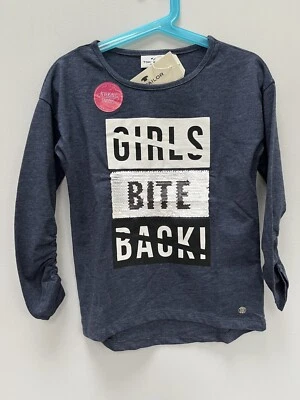 Reverse Sequin T Shirt Girls Age 8 Blue Girls Bite Back Feisty Diva Girl Power - Image 1 of 4