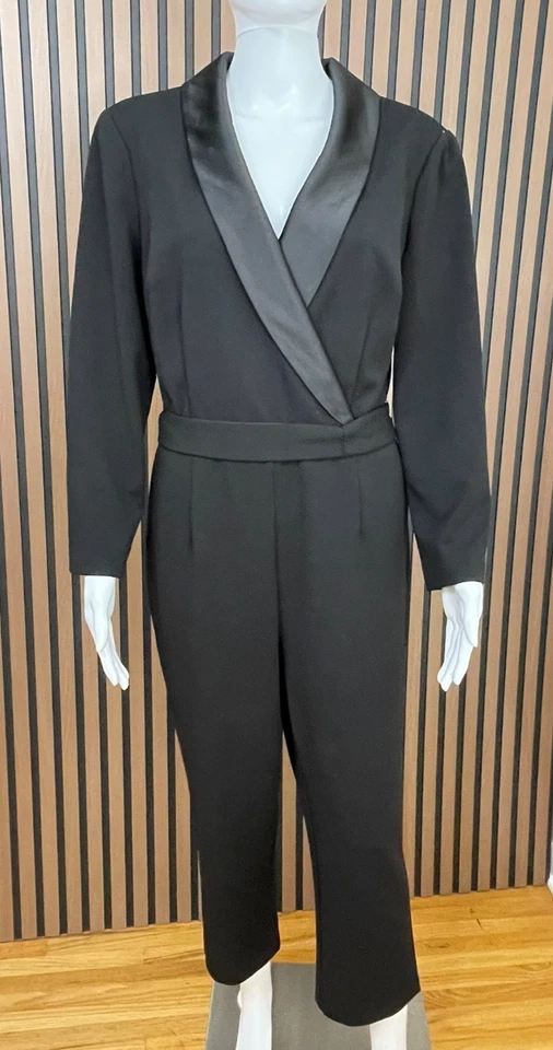 Adrianna Papell Women's Jumpsuit Tuxedo Crepe Satin Belt Stretch Lapel 10 Black - Image 1 of 4