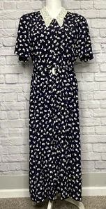 Liz Claiborne Womens Size 12 Vintage Lace Collar Navy Floral Pleated Midi Dress - Picture 1 of 5