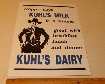 Letrero de cartón vintage Hopalong Cassidy Kuhl’s Dairy Pottsville PA anuncio de leche Foto 1 de 4