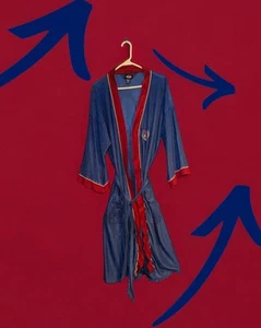 JC PENNEYS TOWNCRAFT Blue Maroon Lounge Robe POCKETS Tie Belt Men’s Large/XL VTG - Picture 1 of 6