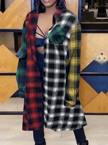 Multicolour Oversized Long plaid Shirt Multicolour 1XL - Picture 1 of 2