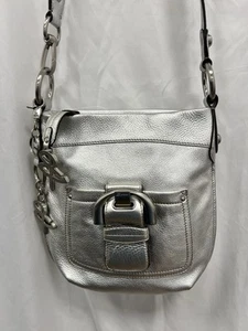 B Makowsky Silver Metallic Leather Shoulder Bag Crossbody Handbag Hobo - Picture 1 of 20