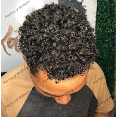 Pelucas masculinas rizadas rizadas negras toupee de piel delgada duraderas con base completa de PU para hombre 15 mm Foto 1 de 4