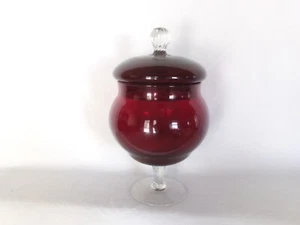 Vintage RUBY RED GLASS EMPOLI ITALY 8.5" JAR w/ CLEAR BASE & FINIAL - Picture 1 of 6