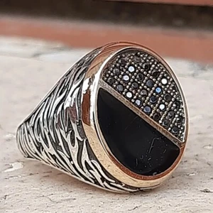 ANELLO UOMO Onice ARGENTO 925 sigillo solitario smalto Ring Man Sterling  Onyx $ - Foto 1 di 6