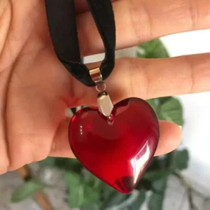 Handcrafted Jewelry Glass Heart Shaped Pendant Necklace Black Fabric Chain - Picture 1 of 10