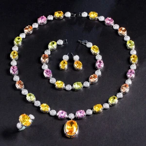 Bunt Regenbogen CZ Halskette Ohrring Armband Ring Set Versilbert Schmuck - Bild 1 von 8