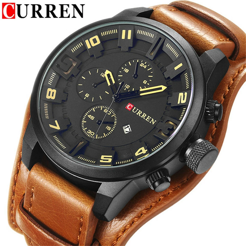 Reloj pulsera CURREN para hombre esfera grande informal de cuero marrón reloj de cuarzo para hombre Foto 1 de 4