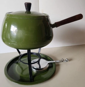 Vintage MCM Avocado Fondue Schmelztopf grün mit Holzgriff - Bild 1 von 6